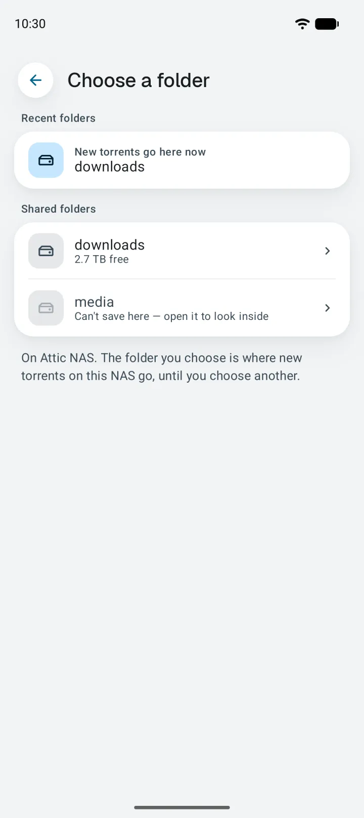 Choose a folder: the shared folders on Attic NAS, with free space shown under downloads.