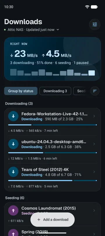 The Downloads screen in dark theme.