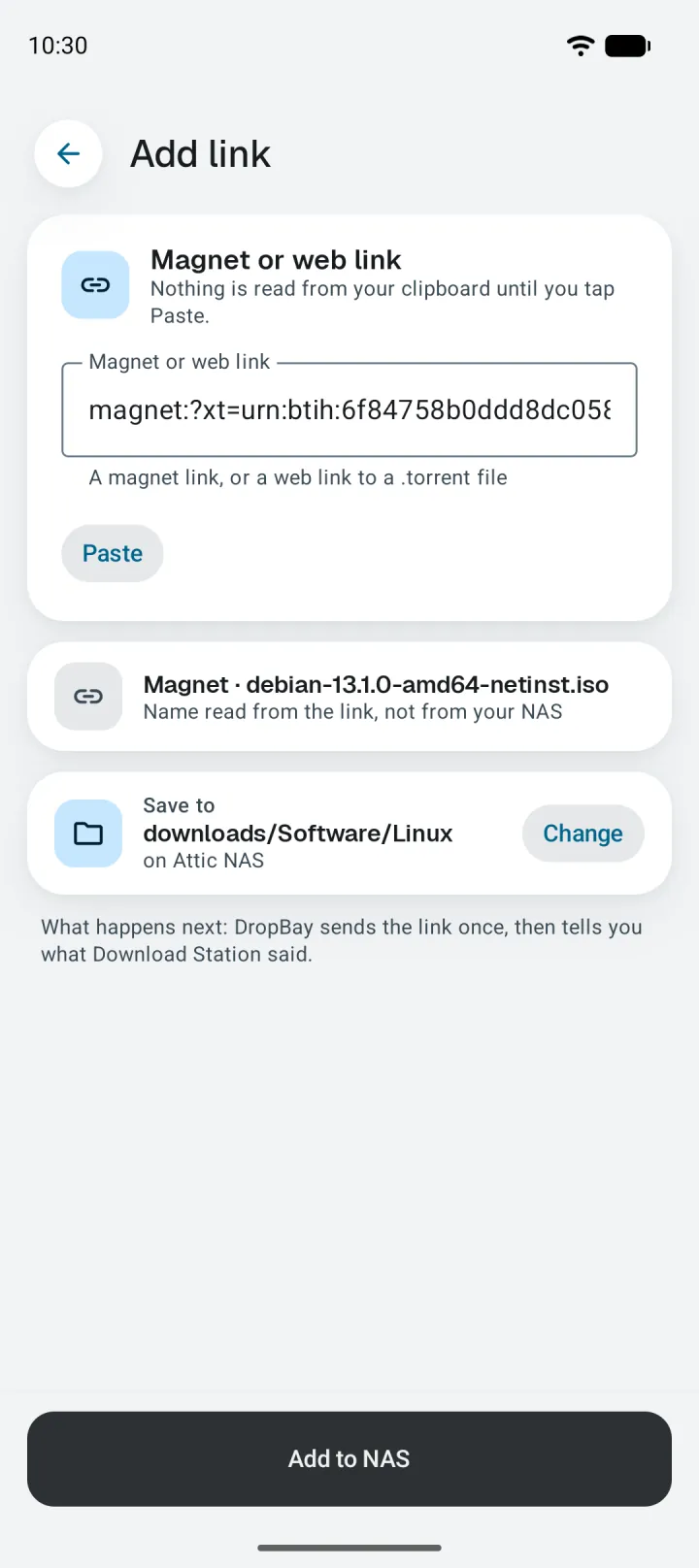 The Add link screen with a Debian magnet link pasted in, saving to downloads/Software/Linux.