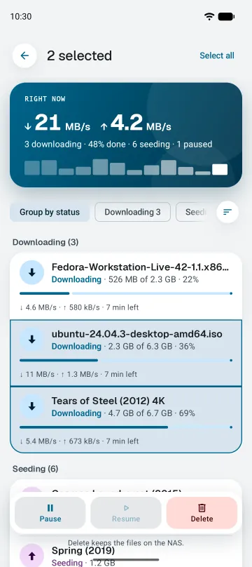 Two downloads selected, with Pause, Resume and Delete buttons at the bottom.
