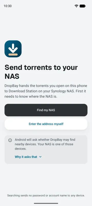 The welcome screen: Send torrents to your NAS, with a Find my NAS button.